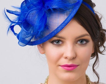 Royal Blue Fascinator - "Penny" Mesh Hat Fascinator with Mesh Ribbons and Royal Blue Feathers