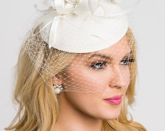 Pearl White Fascinator - "Juliet" Pearl White Round Felt Sinamay Hat w/ Feathers and Satin Ribbons