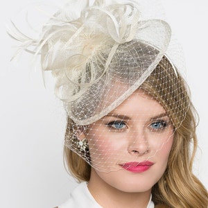 Ivory Fascinator - &quot;Noor&quot; Ivory Cream Fascinator Hat Headband w/Ribbon waves and veil