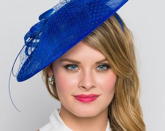 Royal Blue Fascinator Hat - "Wendy" Wide Slightly brimmed mesh Fascinator Hat on a Headband