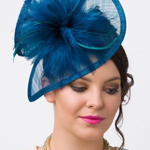 Teal Fascinator - "Victoria" Twist Mesh Fascinator embellished with Fluffy Feathers on a Headband