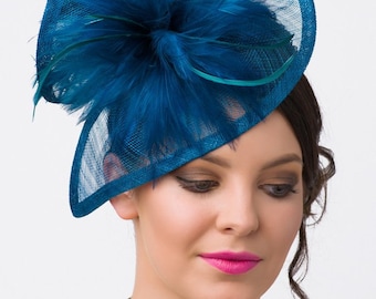 Teal Fascinator - "Victoria" Twist Mesh Fascinator embellished with Fluffy Feathers on a Headband