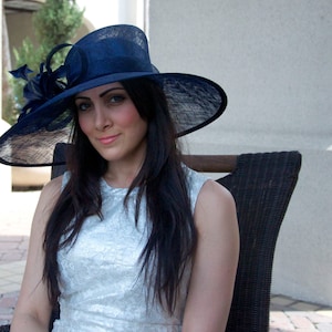 Navy Sun Hat - "Alexandria" Navy Wide Brimmed Fascinator Sun Hat w/ mesh flowers and feathers