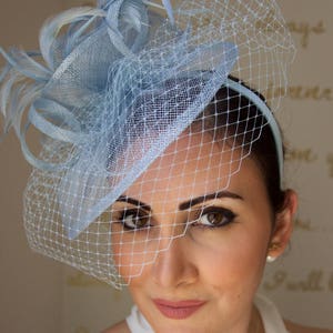 Light Blue Fascinator Noor Light Blue Fascinator Hat Headband w/Ribbon waves a light blue birdcage veil image 2