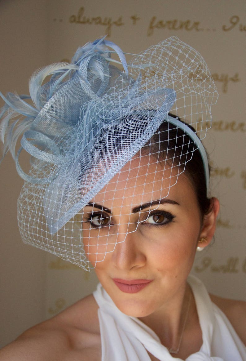 Light Blue Fascinator Noor Light Blue Fascinator Hat Headband w/Ribbon waves a light blue birdcage veil image 2