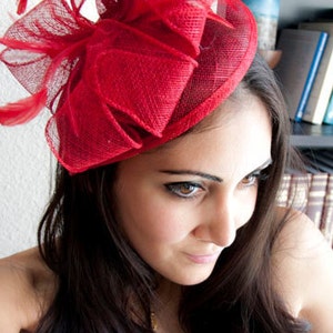 Red Fascinator - &quot;Penny&quot; Mesh Hat Fascinator with Mesh Ribbons and Red Feathers
