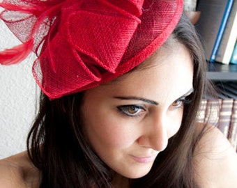 Red Fascinator - "Penny" Mesh Hat Fascinator with Mesh Ribbons and Red Feathers