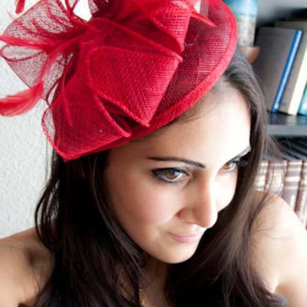 Red Fascinator - "Penny" Mesh Hat Fascinator with Mesh Ribbons and Red Feathers
