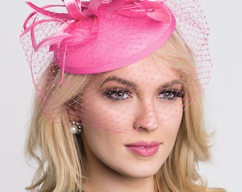 Hot Pink Feather Fascinator Headpiece Races Hat Hair Clip Races Silver Deco R37 