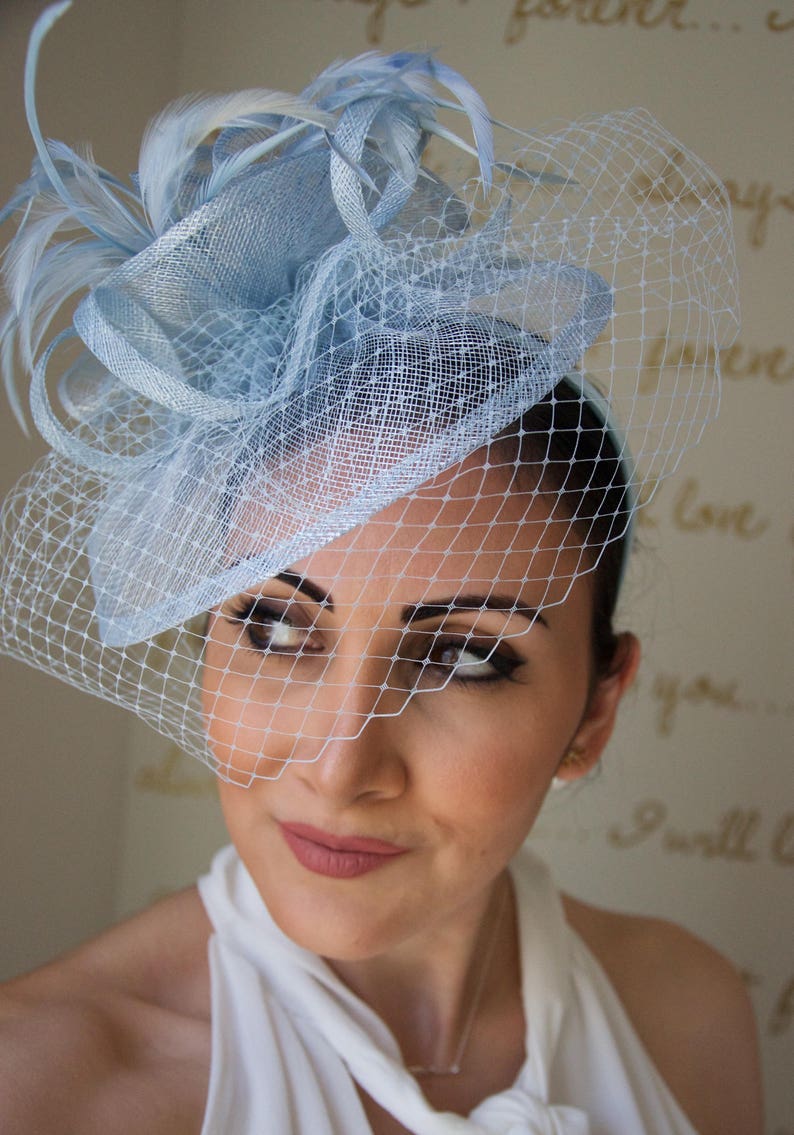 Light Blue Fascinator Noor Light Blue Fascinator Hat Headband w/Ribbon waves a light blue birdcage veil image 1