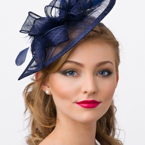 Navy Blue Fascinator - &quot;Penny&quot; Mesh Hat Fascinator with Mesh Ribbons and Navy Blue Feathers