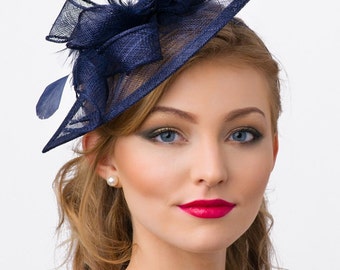 Navy Blue Fascinator - "Penny" Mesh Hat Fascinator with Mesh Ribbons and Navy Blue Feathers