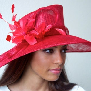 Red Sun Hat - &quot;Alexandria&quot; Red Fascinator Sun Hat w/ mesh flowers and feathers