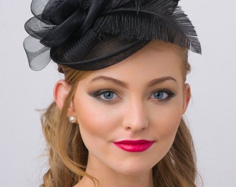 Black Fascinator - "Kate" Mesh Couture English Hat Fascinator Headband