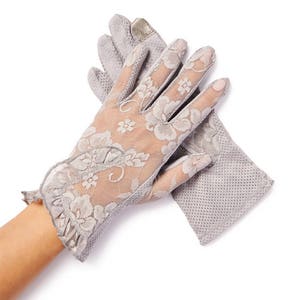 Lacey Gray Floral Overlay Lace Gloves