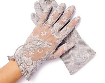 Lacey Gray Floral Overlay Lace Gloves