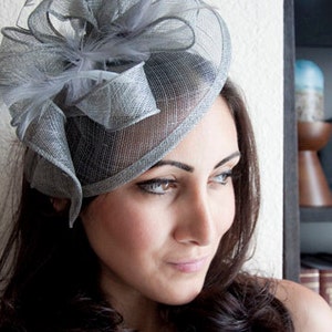 Gray Fascinator Penny Mesh Hat Fascinator with Mesh Ribbons and Gray Feathers image 2