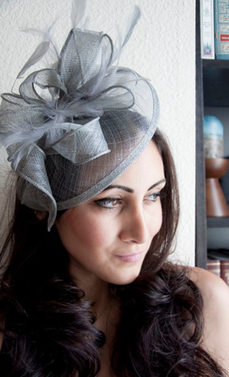 Gray Fascinator Penny Mesh Hat Fascinator with Mesh Ribbons and Gray Feathers image 2
