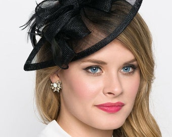 Black Fascinator - "Penny" Mesh Hat Fascinator with Mesh Ribbons and Black Feathers