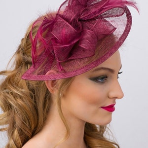 Wine Fascinator Penny Mesh Hat Fascinator with Mesh Ribbons and Wine Feathers image 2