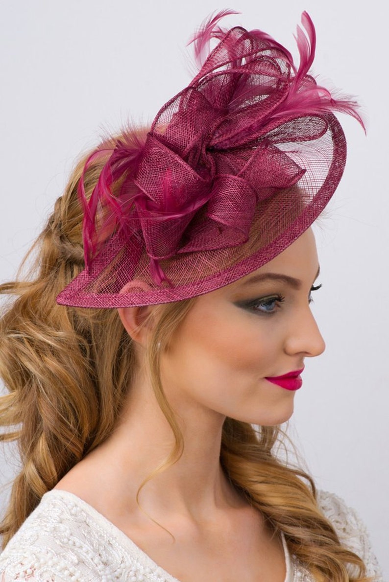 Wine Fascinator Penny Mesh Hat Fascinator with Mesh Ribbons and Wine Feathers image 2