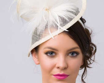Ivory Twist Mesh Fascinator - "Victoria" Ivory Mesh Fascinator Hat Headband with Ivory Flighty Feathers