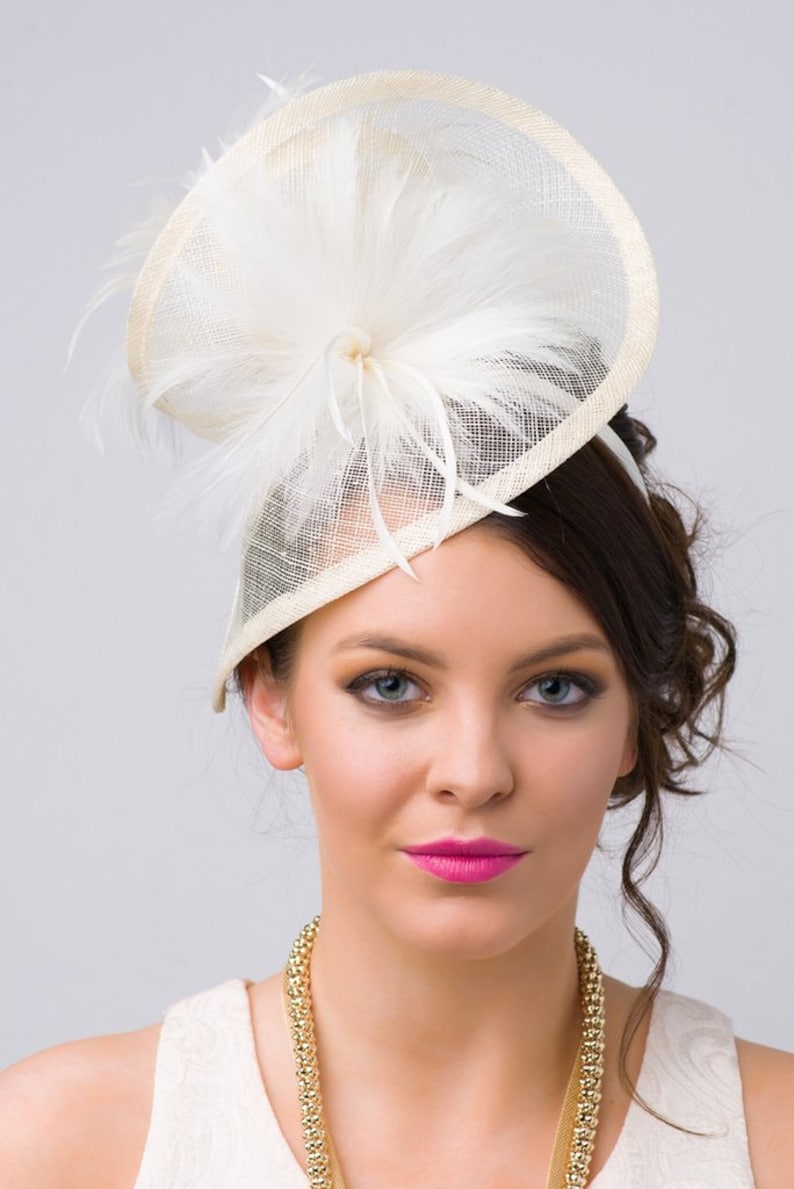 Ivory Twist Mesh Fascinator - 'Victoria' Ivory Mesh Fascinator Hat Headband with Ivory Flighty Feathers 