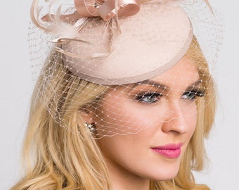 Nude Fascinator - "Juliet" Nude Round Felt Sinamay Hat w/ Feathers and Satin Ribbons