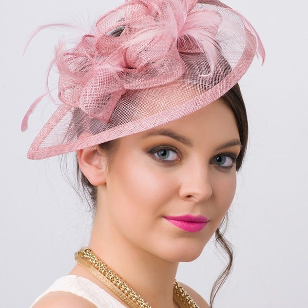 Mauve Pink Fascinator - "Penny" Mesh Hat Fascinator with Mesh Ribbons and Pink Feathers