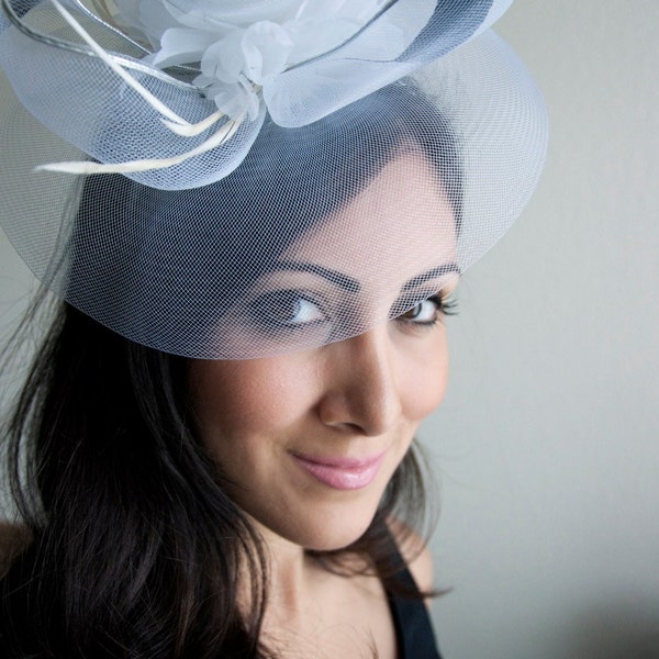White Fascinator -  Mesh Rose Couture English Hat Fascinator Headband
