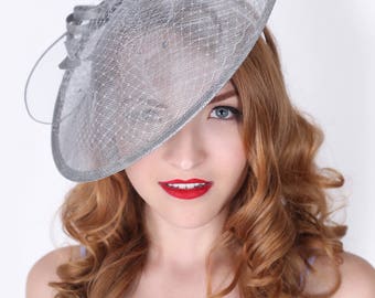 Light Gray Fascinator Hat - "Wendy" Wide Brimmed Light Gray mesh Fascinator Hat Headband