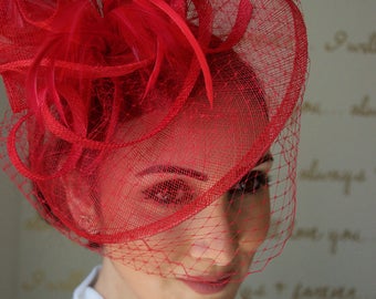 Red Fascinator - "Noor" Red Fascinator Hat Headband w/Ribbon waves a red birdcage veil