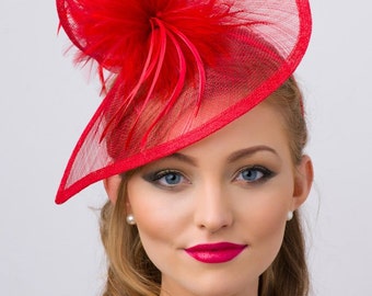 Red Twist Mesh Fascinator - "Victoria" Red Mesh Fascinator Hat Headband with Red Flighty Feathers