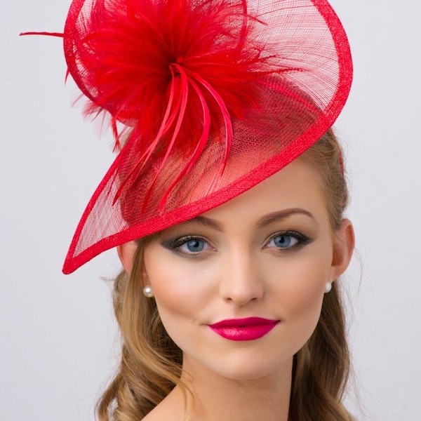 Red Twist Mesh Fascinator - "Victoria" Red Mesh Fascinator Hat Headband with Red Flighty Feathers