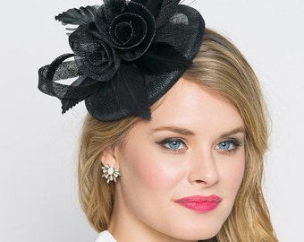 Black Fascinator - "Emelia Rose" Black Fascinator Hat Headband w/ Round Sinamay Base