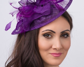 Purple Fascinator - "Penny" Mesh Hat Fascinator with Mesh Ribbons and Purple Feathers