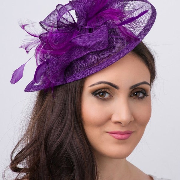 Purple Fascinator - "Penny" Mesh Hat Fascinator with Mesh Ribbons and Purple Feathers