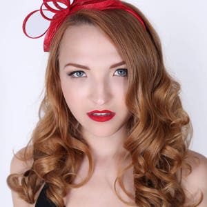 Mini Red Fascinator Flitter-by Mesh Red Fascinator Headband image 2