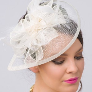 Ivory Fascinator - &quot;Penny&quot; Mesh Hat Fascinator with Mesh Ribbons and Ivory Feathers