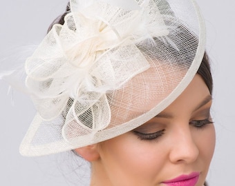 Ivory Fascinator - "Penny" Mesh Hat Fascinator with Mesh Ribbons and Ivory Feathers