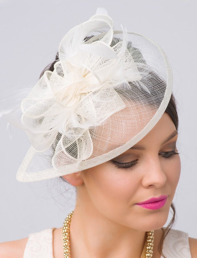 Ivory Fascinator - "Penny" Mesh Hat Fascinator with Mesh Ri…