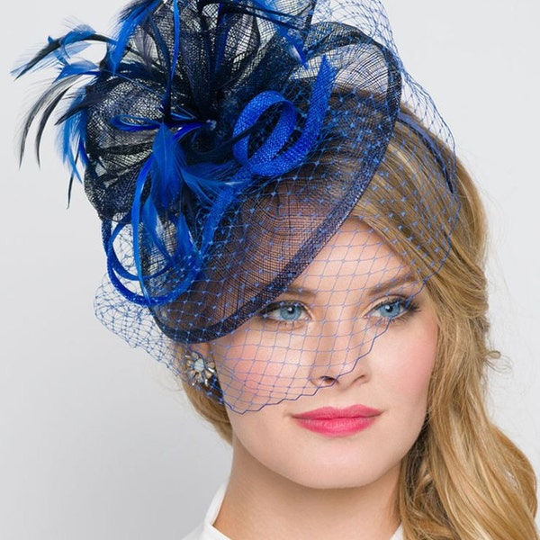 Royal Blue Fascinator - "Noor" Royal Blue & Navy Fascinator Hat Headband w/Ribbon waves a blue birdcage veil