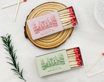 Custom Wedding Matchbox with House Illustration – Personalized Destination Venue Sketch Matchboxes Favor for Guests – Brooklyn, NY Design