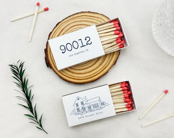Custom Housewarming Matchbox, Personalized Matchbooks with House Line Drawing, House Number, Address, ZIP Code, New Home Favors, Gift Ideas