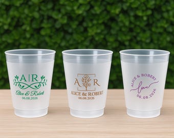 Bulk Frosted Cups, Custom Wedding Cups for Reception, Personalized Party Cups for Guests, Wedding Monogram Cups, Engagement Party Cups
