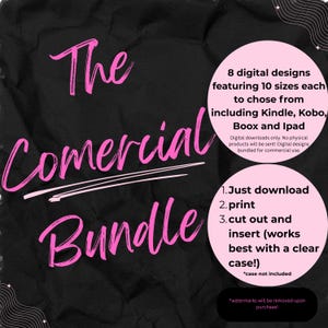 Könnte beinhalten: Ein schwarzer Hintergrund mit pinkem Text, der The Comercial Bundle liest. Zwei pinke Kreise enthalten Text über 8 digitale Designs in 10 Größen für Kindle, Kobo, Boox und Ipad sowie Anweisungen zum Herunterladen, Ausdrucken und Einsetzen.