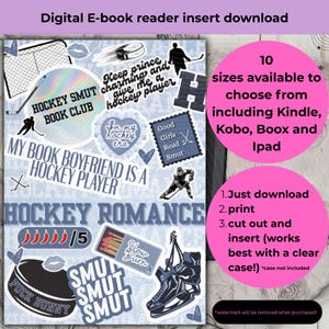 Könnte beinhalten: Digitaler E-Book-Reader-Einsatz zum Herunterladen mit Hockey-Grafiken. Enthält Texte wie "Hockey Smut Book Club" und "Hockey Romance". Enthält Anweisungen und Größenoptionen für verschiedene E-Reader wie Kindle und Kobo.