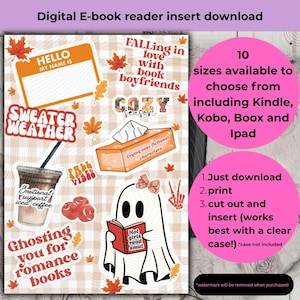 Pode incluir: Download de inserção de leitor de e-book digital com adesivos temáticos de outono. Inclui texto: "Hello, my name is", "Sweater Weather", "Fall Vibes", "Ghosting you for romance books", "Falling in love with book boyfriends", "Cozy Season", e "Hot girls read smut".