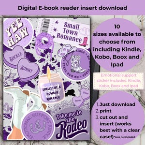 May include: Digital e-book reader insert download with a cowboy theme. Features stickers with text like "Yee Haw," "Small Town Romance," and "Take me to the Rodeo." Includes instructions for use and a list of compatible devices.