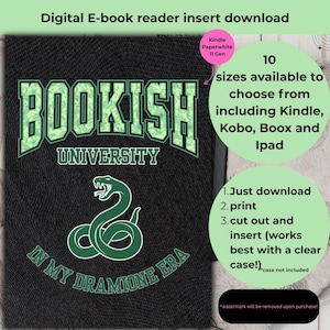 May include: Digital e-book reader insert download with a black background. The design features the words "BOOKISH UNIVERSITY" in green, along with a green snake illustration. Text on the right indicates 10 sizes are available for Kindle, Kobo, Boox, and iPad.